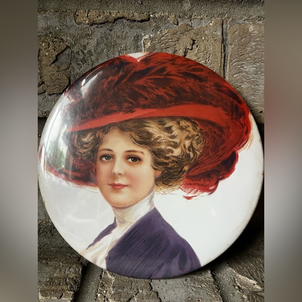 Vintage Style Lady w/Red Hat Portrait ‎ Mirror Double Sided Victorian 6"